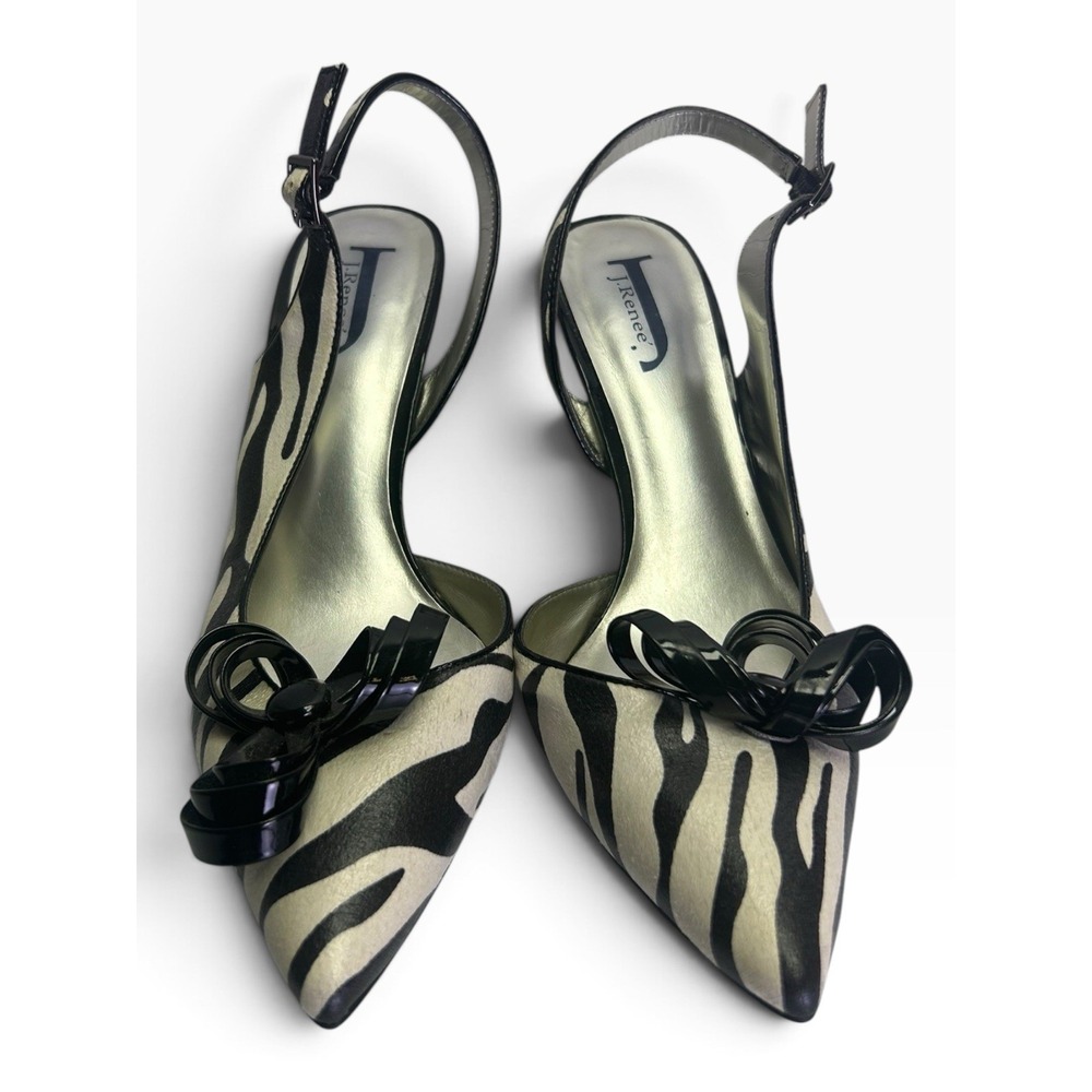 J. Renee Zebra Print Slingback Heels 9.5 M Black Patent Bow Pointed Toe Minetta - Picture 2 of 8